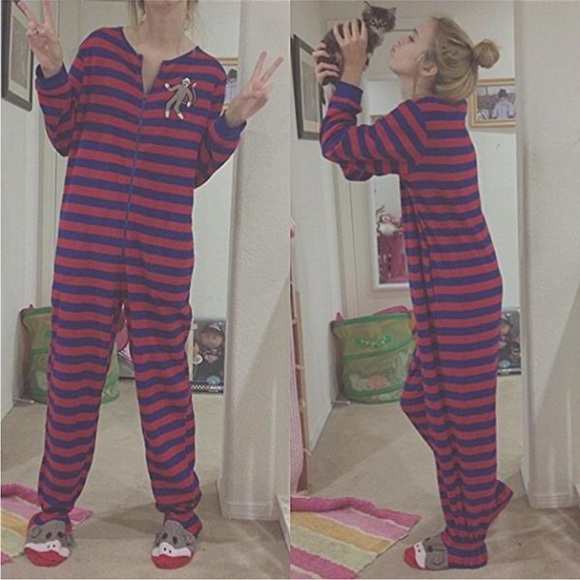 Nick & Nora Bright Blue and Red Striped Sock Monkey Onesie. Size Small. - Picture 2 of 8